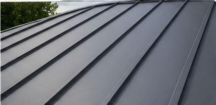 Close-up of standing seam gray metal roof panels with raised seams