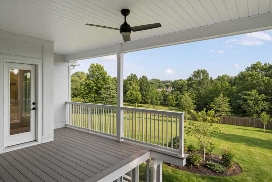 Covered balcony with composite floor, white railing, and a ceiling fan