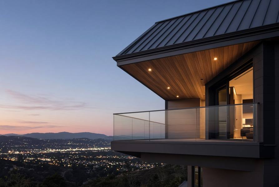 Cantilevered glass balcony on a modern home at dusk