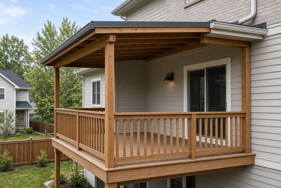 Simple wood covered balcony with posts and a wood railing