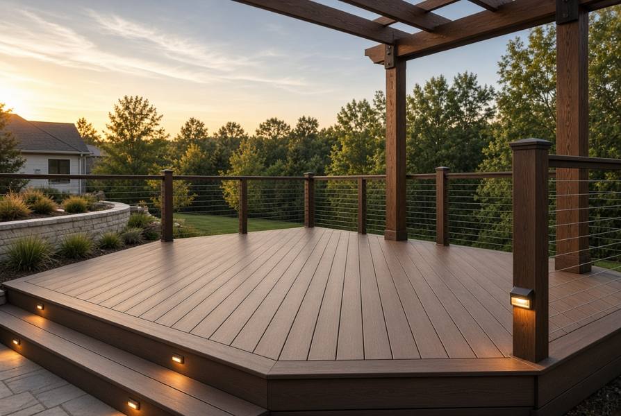 Premium composite deck with cable railing and step lights