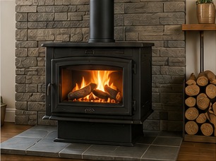 Black freestanding wood stove burning in front of a stone wall with stacked firewood.