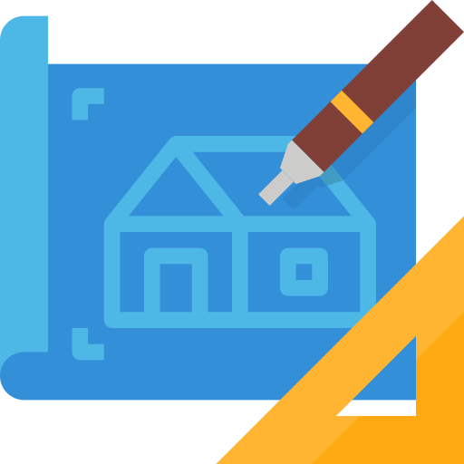 Design-build icon showing a home design blueprint with a pencil and house roof element
