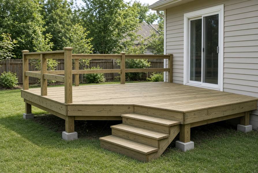Simple pressure-treated wood deck with wood railing