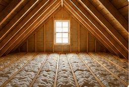 Insulated attic with roof framing and window