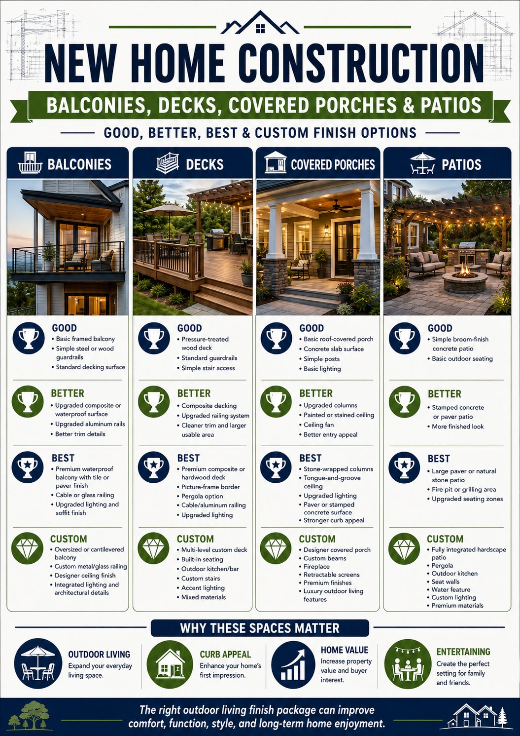 New home construction flyer comparing balconies, decks, covered porches and patios with good better best and custom finish options