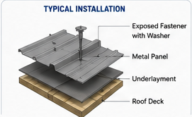 Typical exposed fastener metal roof installation diagram showing fastener with washer, metal panel, underlayment, and roof deck