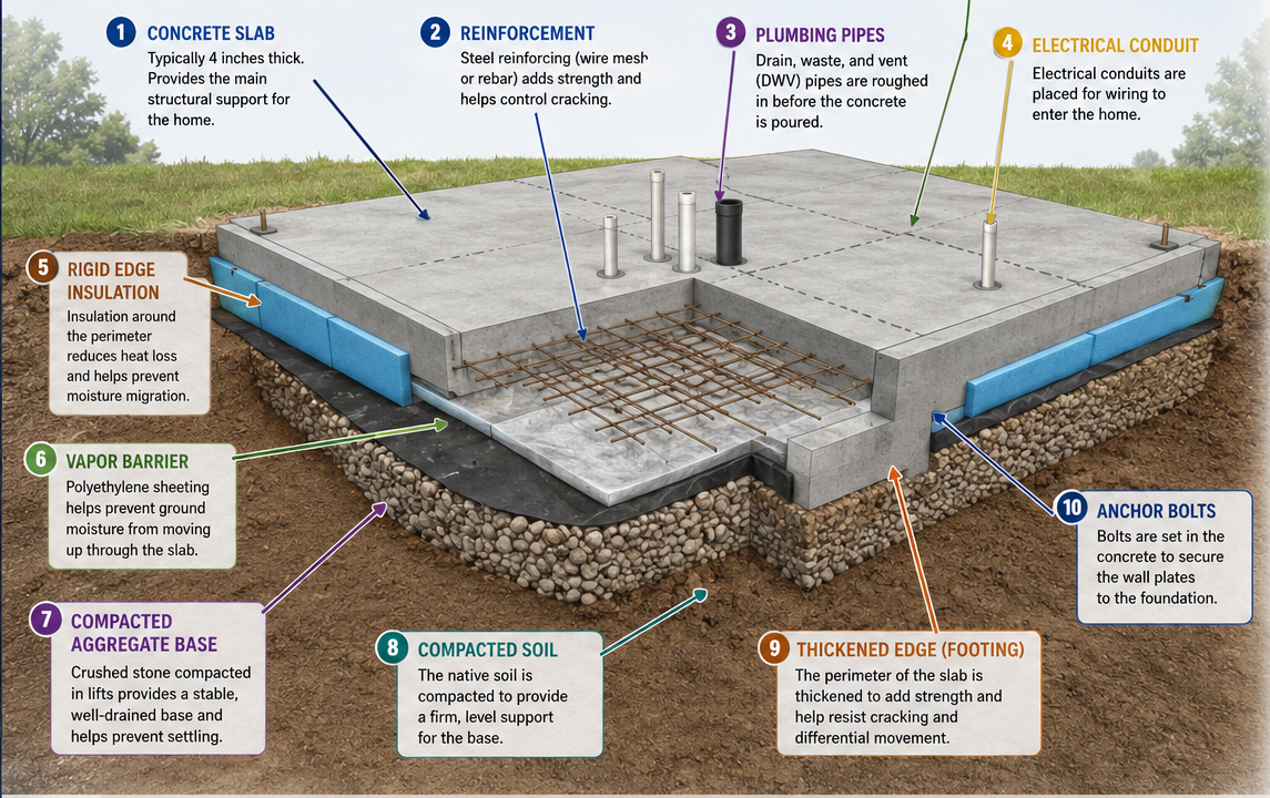 Labeled cutaway diagram of a slab foundation showing the concrete slab, reinforcement, plumbing pipes, electrical conduit, rigid edge insulation, vapor barrier, compacted aggregate base, compacted soil, thickened edge footing, and anchor bolts.