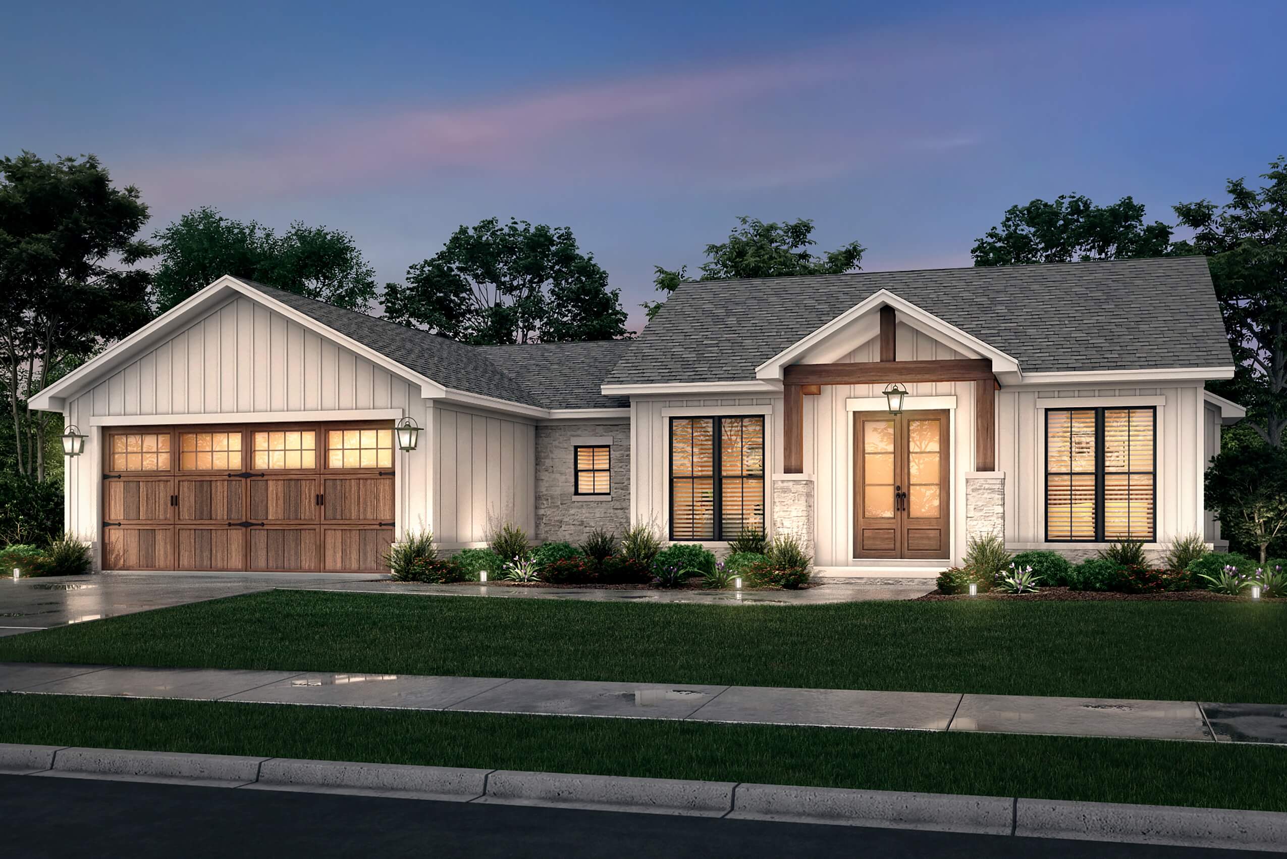 Dusk rendering of the Edgemoor House Plan 1599, a one-story Texas Farmhouse with a front porch and attached 2-car garage