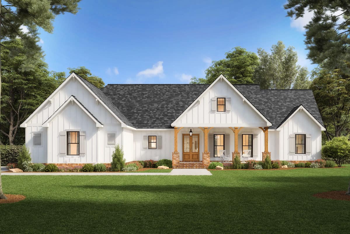 Front exterior rendering of Modern Farmhouse Plan 206-1039, a single-level home with a steep gable roof, covered porch with timber columns on brick bases and a side-entry two-car garage