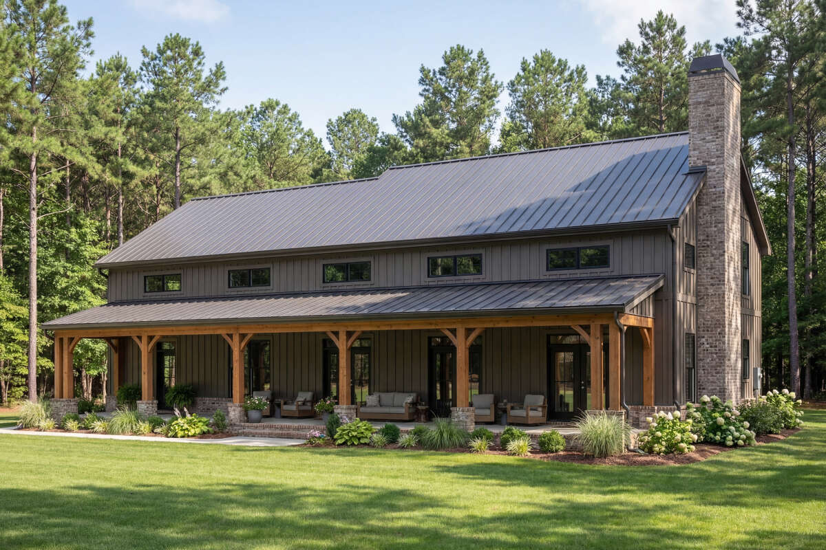 Front elevation of Barndominium Plan 009-00327 from America's Best House Plans, a two-story 3,100 sq ft barndominium with a front porch and a side-entry three-car garage with RV bay.