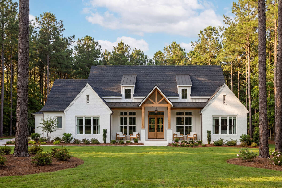 Front exterior rendering of Modern Farmhouse Plan 041-00445 — white board-and-batten and brick siding, timber porch gable, black-framed windows, and lush landscaping on a single-story home