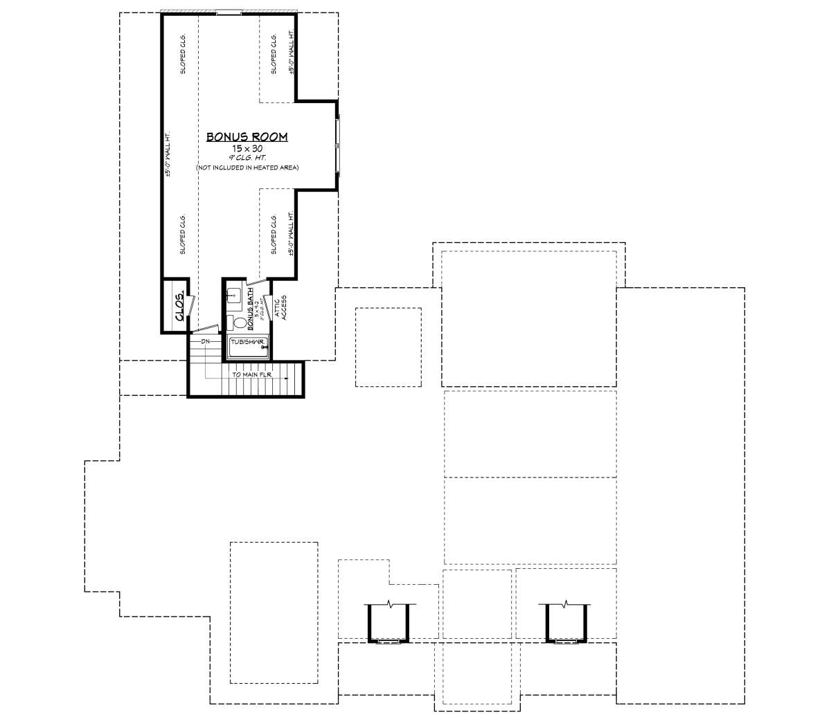 Plan 04100445 — Bonus Room, 1 Bath, Closet, Attic access, stairs. Sloped ceilings, unheated square footage. House Plan # 041-00445 Bonus Room Floor Plan Drawing by America's Best House Plans, Inc. floor plan