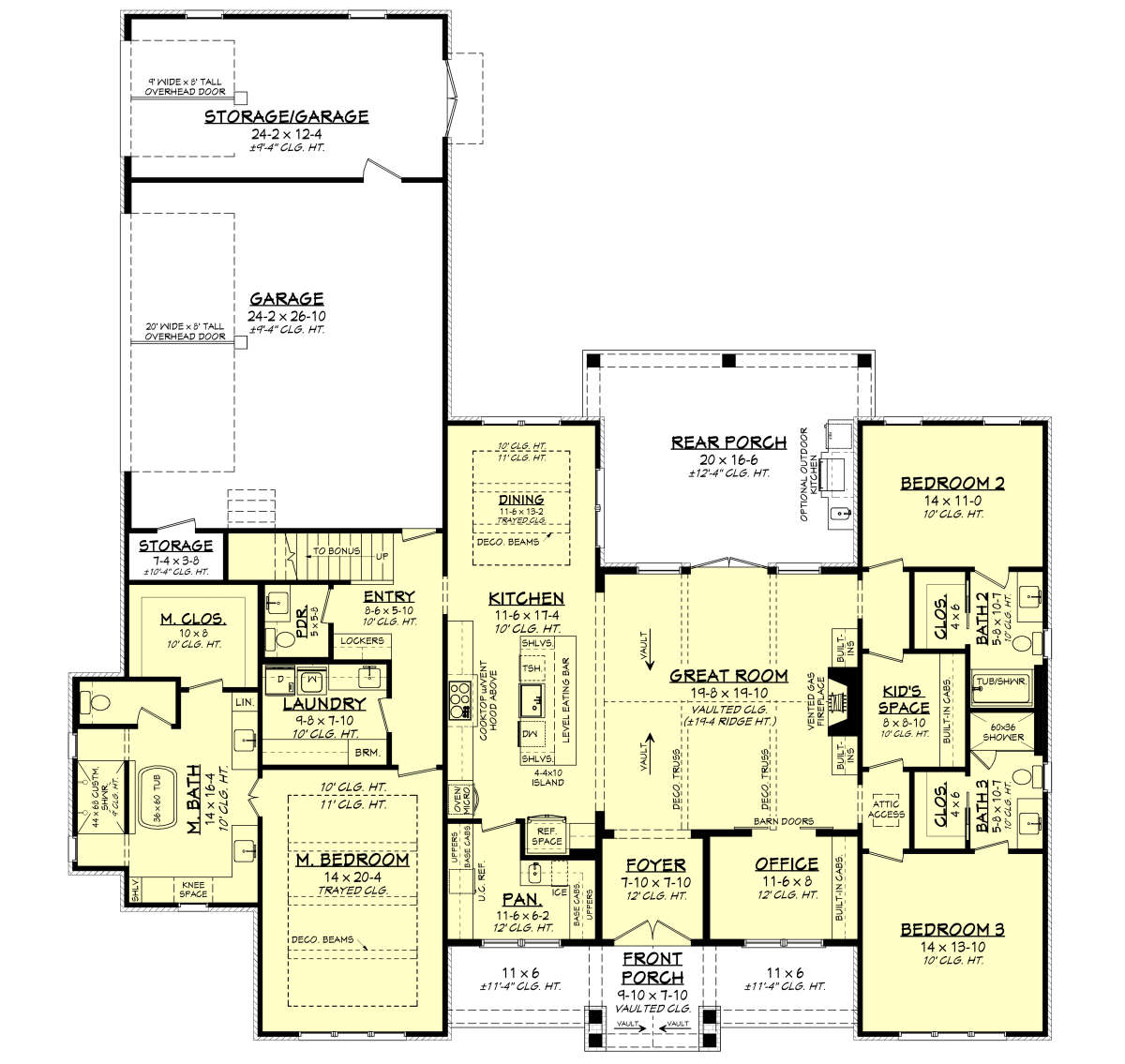 Plan 04100445 — Main Floor: 3BR, 3BA, Great Rm, Kitchen, Dining, Office, Pantry, Ldry, 3-car garage, 2 porches, fireplace, vaulted/tray clg. House Plan # 041-00445 Main Floor  Floor Plan Drawing by America's Best House Plans, Inc. floor plan