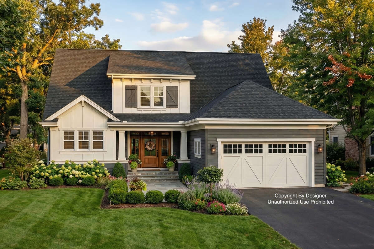 Front exterior rendering of Craftsman Plan 098-00468, a two-story home with a bold 14:12 roofline, covered front porch, and 2-car front-entry garage