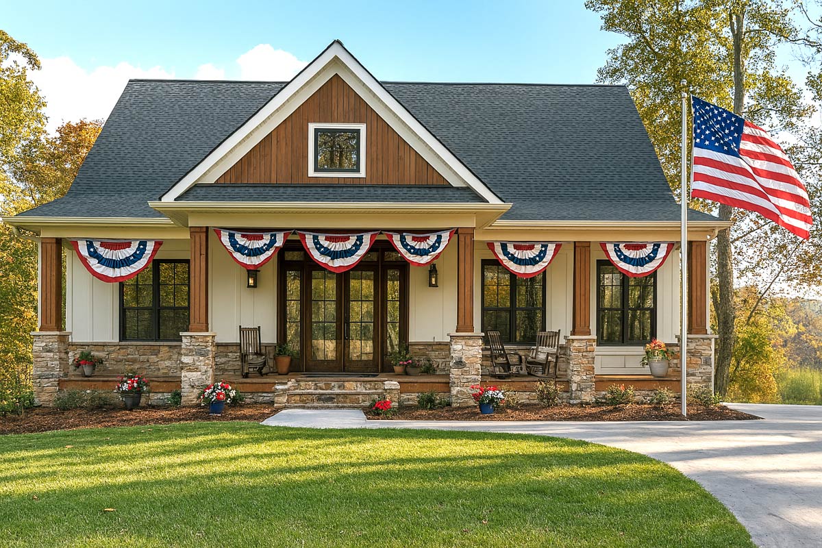 Exterior rendering of Plan 421012HFC — a one-story country cottage with craftsman-style stone columns, a wide covered front porch with rocking chairs, dark shingle roof, and white vertical-plank siding