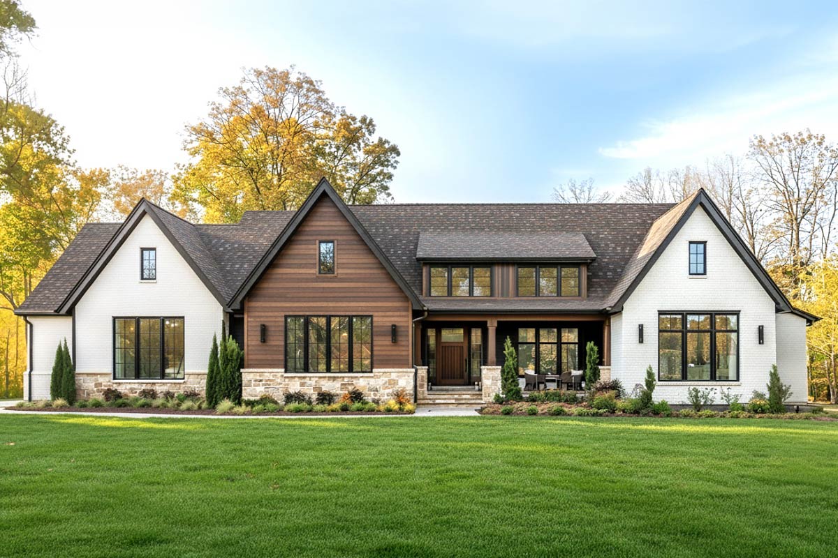 Exterior rendering of Plan 421033HFC — a single-story luxury Modern Farmhouse Ranch with white painted brick, warm wood gable siding, a metal roof, large windows, and a three-car side-entry garage
