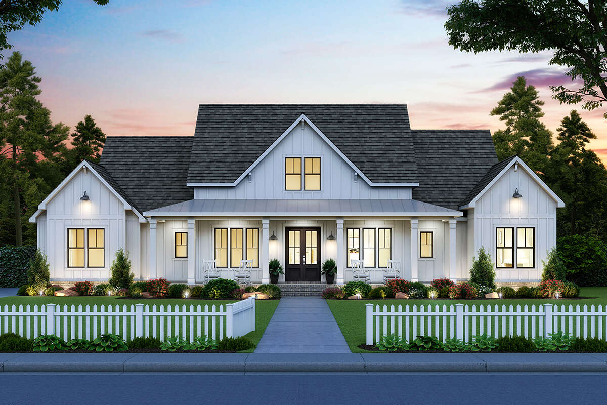 Front exterior rendering of Modern Farmhouse Plan 4534-00039, a one-story home with board and batten siding, metal roof accents, large windows, and a covered wrap-around porch