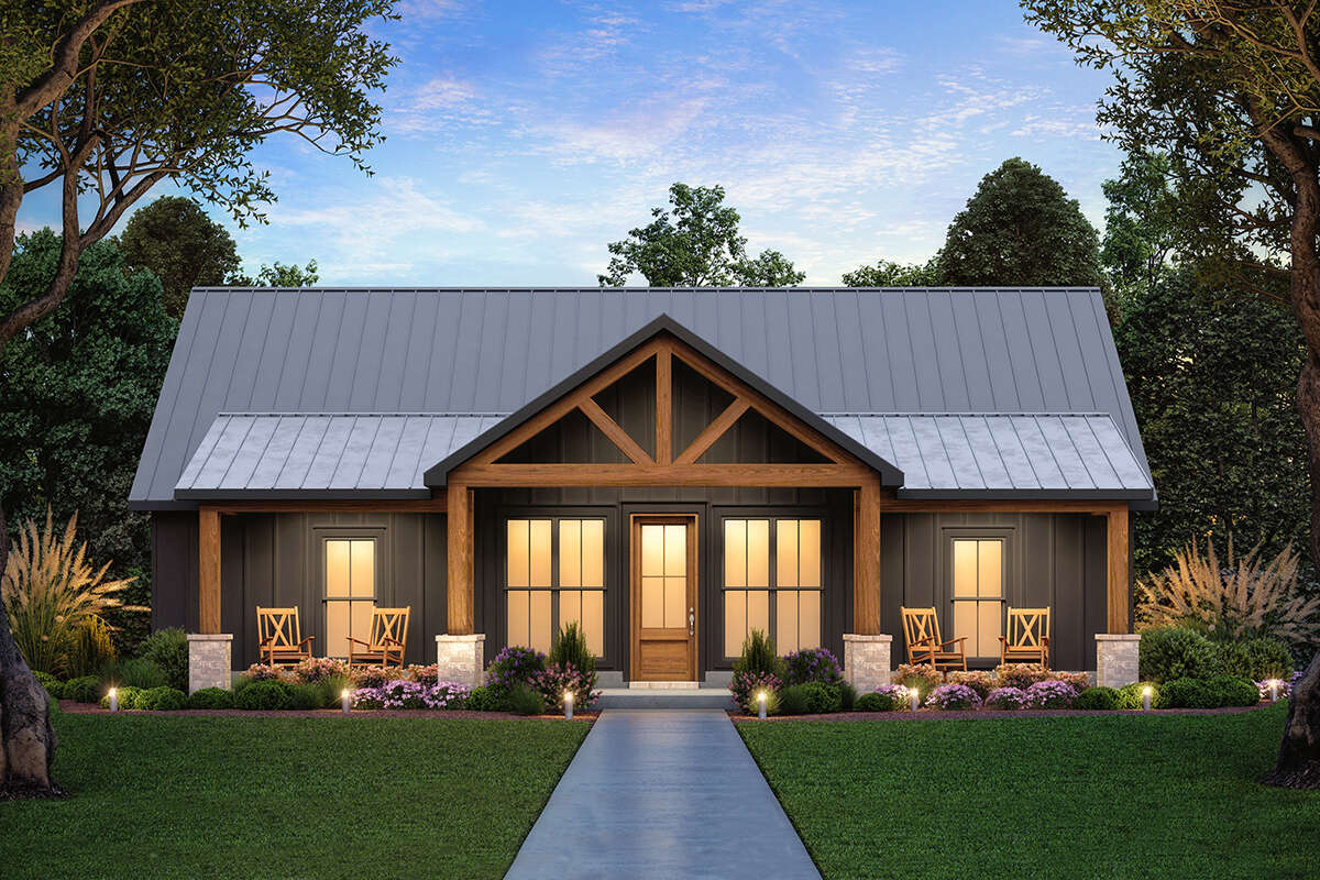 Exterior rendering of Modern Farmhouse Plan 4534-00140, a single-story home with a covered front porch, clean farmhouse rooflines, and a two-car carport