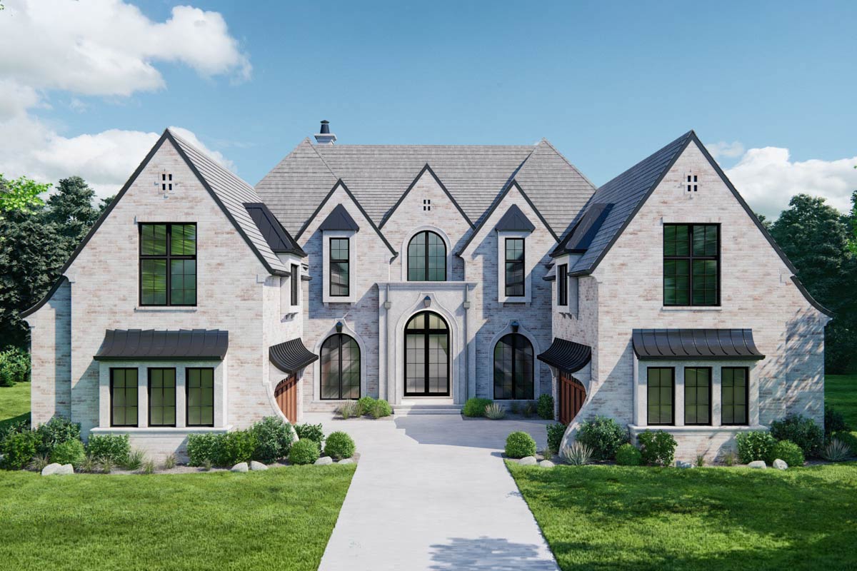 Exterior rendering of Plan 93235EL, a two-story European Transitional luxury home with steep roof pitches, stone detailing, a grand courtyard entry, and a four-car attached garage