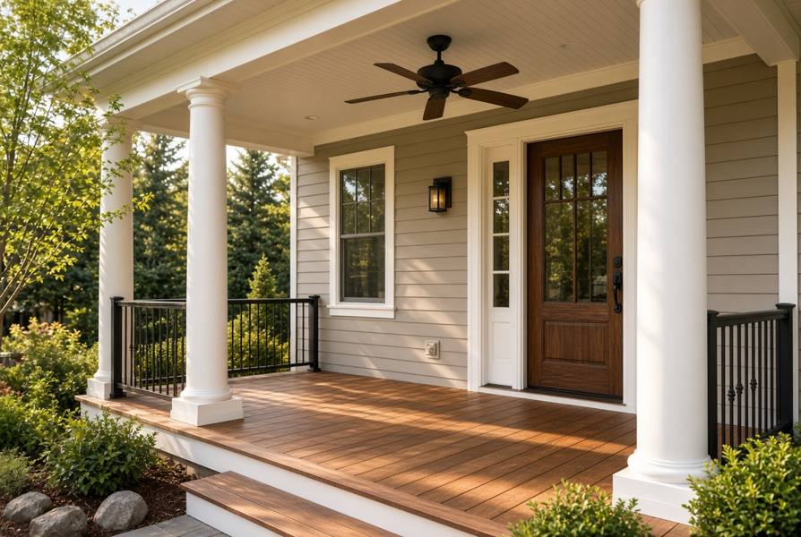 Covered porch with round columns, wood floor, and a ceiling fan