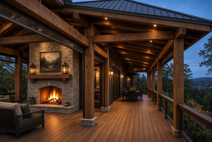 Luxury covered porch with timber beams, metal roof, and a fireplace