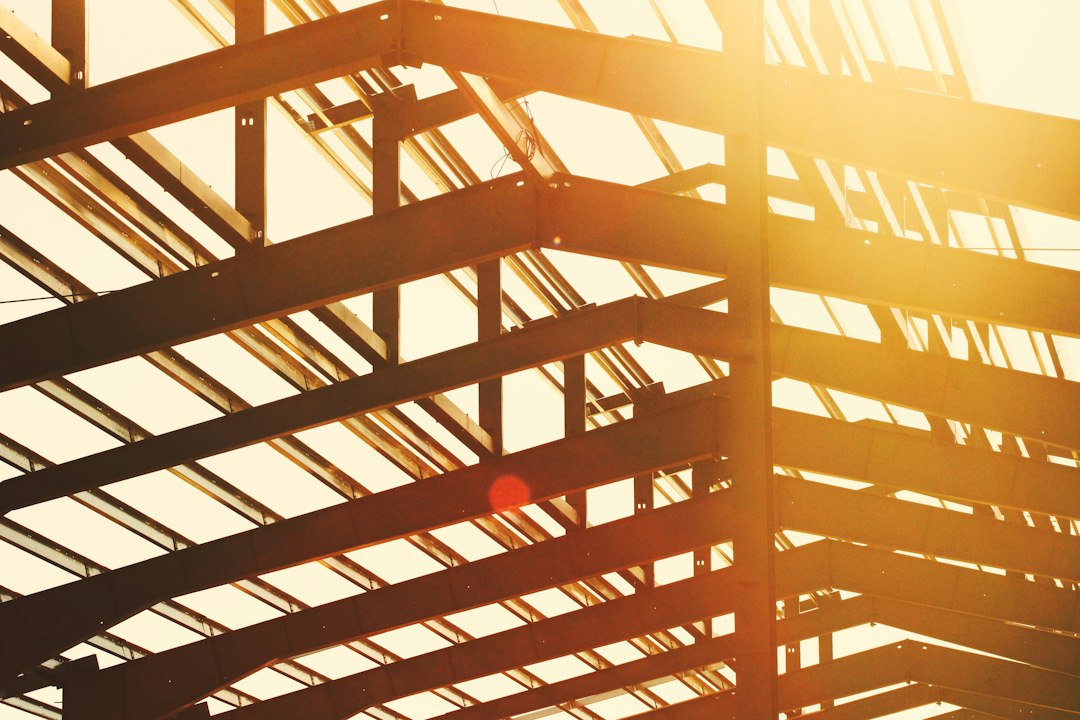 Steel beams and purlins of a metal building shell before insulation and interior framing